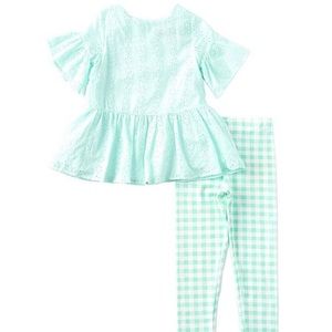 Little Girls Flutter-Sleeve Eyelet-Embroidered Tunic Top & Checked Leggings Set